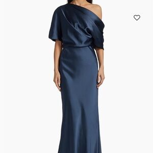 Saks Fifth Avenue One Shoulder Satin Dress in Midnight Blue